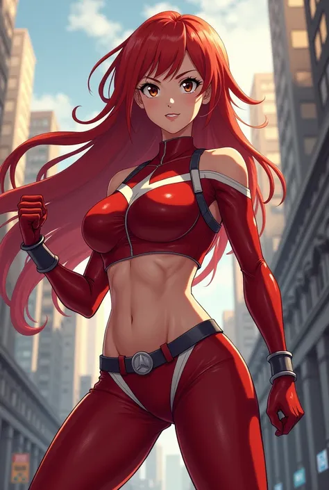  My Hero Academia style ,   anime girl , woman, young woman ,  full body shot ,( Fighting Pose :1.3),Long Hair, Red Hair,   Brown Eyes , hero suit, Full Body Suit,  red suit with white details, perfect anatomy,  （Well-trained abdominal muscles) , super det...