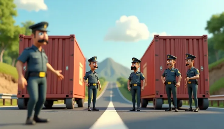 Islamabad Motorway block with heavy containers.  A group of police planning . Lets the character in a 3d disney animation style. 