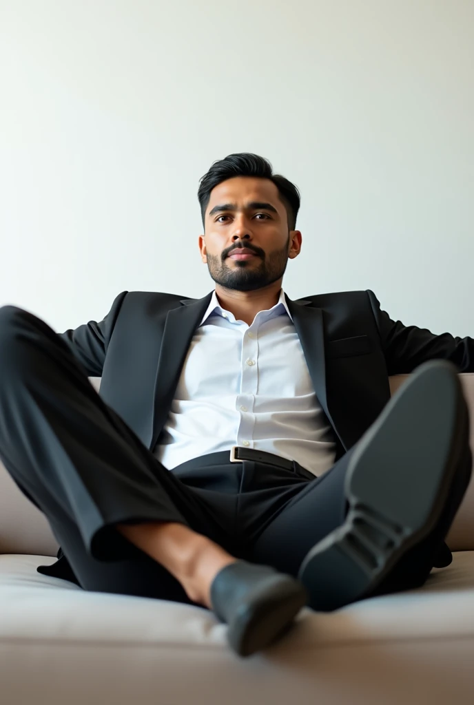 ( high quality , 4k, hdr)  A handsome Indonesian man , 30 years old, short haired, mustachioed and bearded tips ,  wearing a formal suit ,  sprawled on the living room sofa ,  spread his legs wide with confidence. ( white background ), (realistic,  very de...