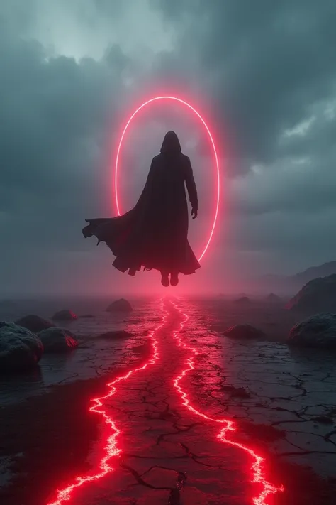 A cinematic and atmospheric scene featuring a figure of a man floating in the air, wearing a cape and hood and being transparently lit by soft red neon light, and intricate patterns of neon light. The backdrop is a barren, desolate landscape under a moody,...