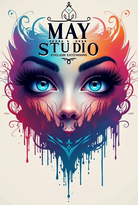  Create a logo written in Spanish that says MAY STUDIO ,  below a smaller write EYELASH EXTENSIONS  , behind the logo some blue eyes ,  with beautiful long eyelashes  , colorful background ,  striking  ,  in the center of the image that highlights your eye...