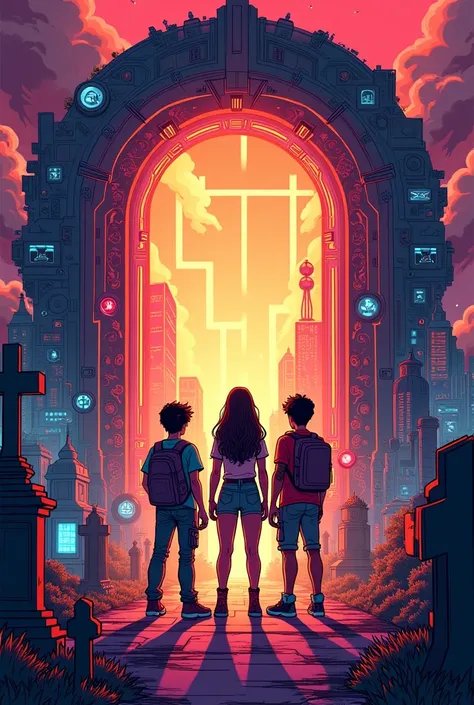 Design a colorful, retro-futuristic poster showcasing a vibrant gaming and sci-fi festival. Include three adventurous characters standing in front of an open portal with glowing doors, revealing a whimsical and chaotic world filled with playful gaming icon...