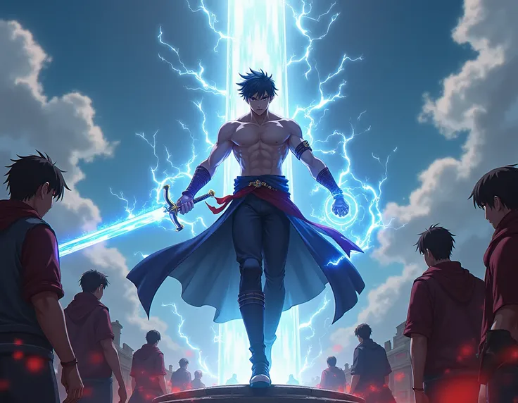 write a perfect image generating prompt for idea #manhwa #musicle young male # good back ground # holding a sword # about ranking up in a tower # power boy # color # blue energy coming out of his sword # red black energy coming out of his body # muscle sha...