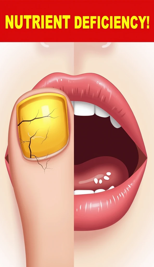 "A split-screen illustration highlighting two visible signs of nutrient deficiency. On the left side, a detailed close-up of a toenail with severe yellow discoloration, cracking, and brittleness. On the right side, a close-up of the inside of a mouth showi...