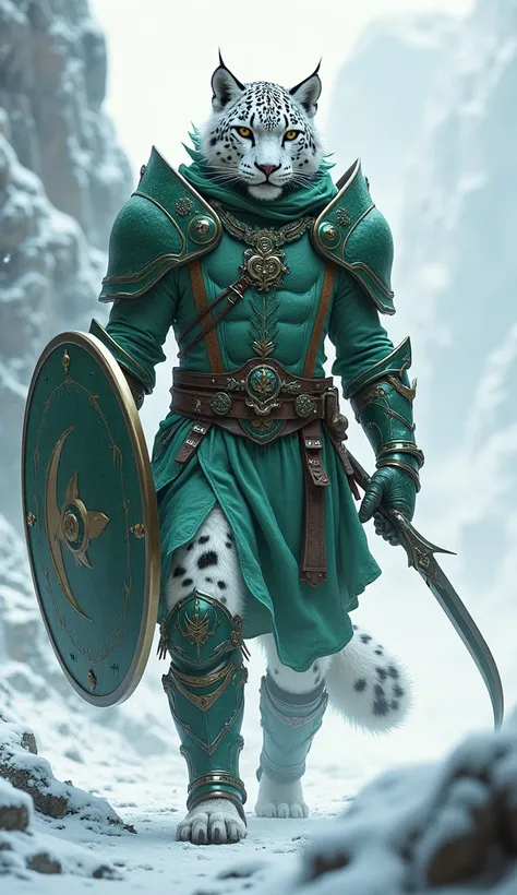 Pakistan - Snow Leopard Warrior: A stealthy snow leopard in green and white armor, equipped with curved daggers and a crescent-moon shield. The design reflects elegance and agility.

