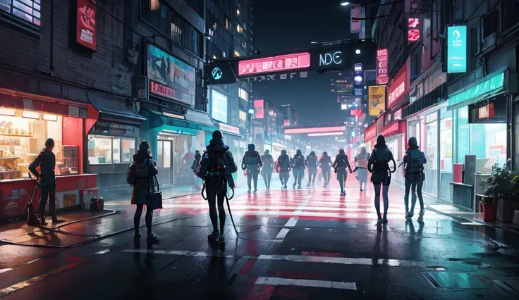 A street at night, neon lights,  parked cars ,  garbage on the floor ,  futuristic style , cyberpunk, dirt on the streets ,  graffiti on the walls , and a lot of people walking ,  some robots doing cleaning tasks, Police patrolling