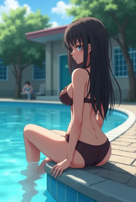 Animated girl with wide curves naked sitting on the edge of the school pool with her back 