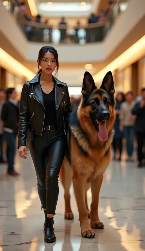 A hyper-photorealistic indoor portrait of a confident East Asian woman in her early 30s, with silky black hair styled in a neat ponytail, dressed in a sleek black leather jacket, tailored pants, and chic ankle boots, walking side by side with a single, abs...