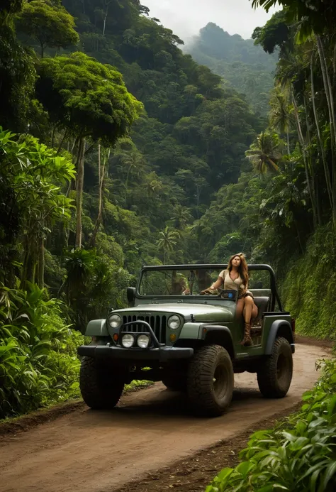 A cute woman (sexy explorer outfit, age 30, long hair) is driving her jeep along a lonely jungle mountain road, rough road, lots of breast bouncing, monkies play in the tree tops