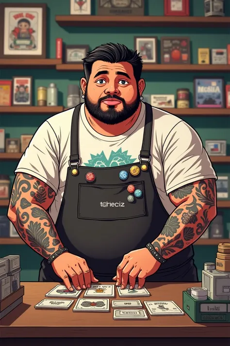  cartoon, semi-realistic, adult man,  working behind the counter sorting out exchange cards at a hobby store with pins and nerdy buttons on the apron,  full body ,  wearing jeans with graphic t-shirt and apron ,  red expression , piercings,  black hair, bl...