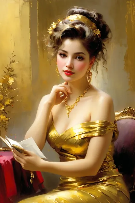 Pino Daeni style oil painting, Make a picture of WOMAN, Gold, gold, gold, gold, gold, gold, gold, gold, gold, gold, gold, painting!