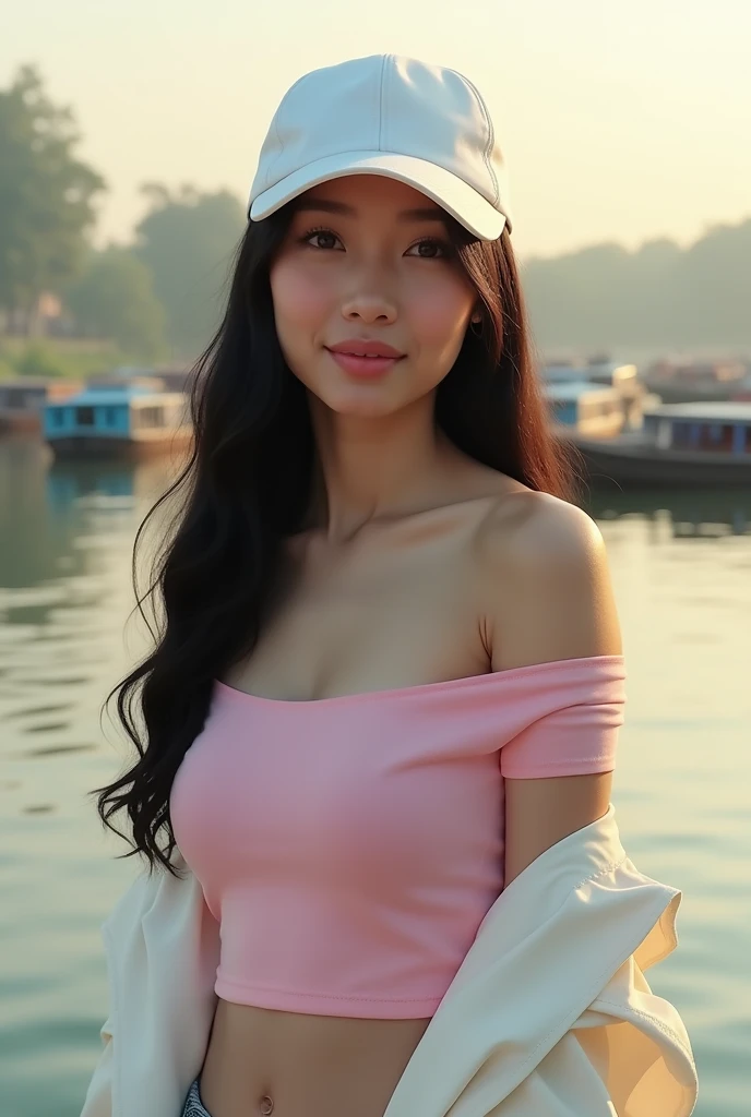 A 25-year-old Thai woman with long black hair with wavy ends and a white cap.Wear a pink T-shirt with an open shoulder design covering the neck.Put on a long-sleeved white coat over it.Standing on the riverbank In the morning there is a little sunlight.The...