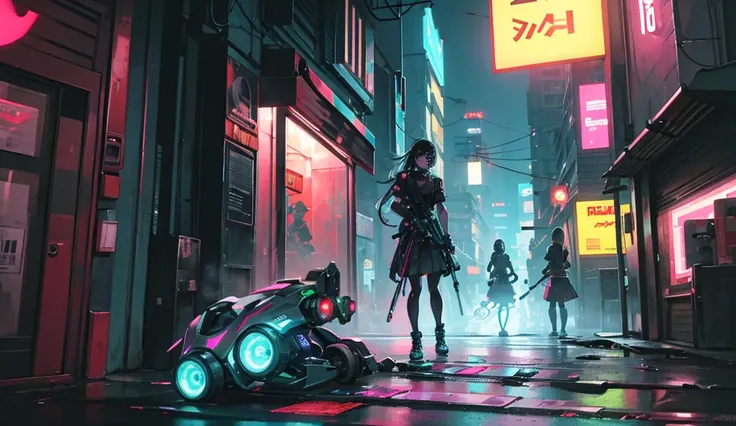 A street at night, neon lights,  cars on the sidewalk ,  garbage on the floor ,  futuristic style , cyberpunk, dirt on the streets ,  graffiti on the walls , and people walking ,  some robots doing cleaning tasks,  police patrolling ,  2 schoolgirls sittin...