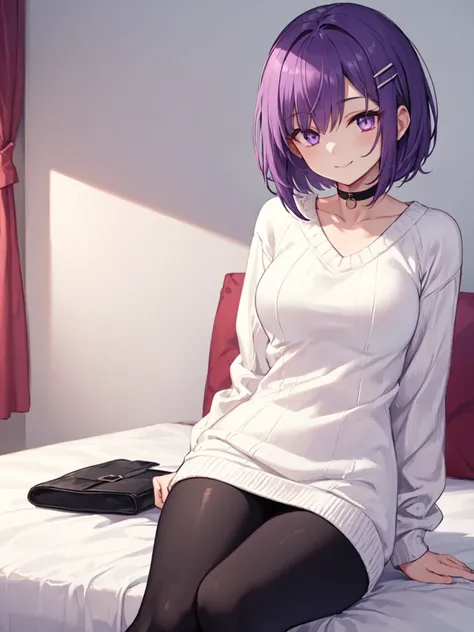  1 girl , solo, Purple Hair,  bob hair, Beautiful breasts, medium chest ,White sweater, sweater dress, black choker , hair clip,leggings,Slanted Eyes, Light purple eyes,  smiles, uneasy smile, sitting on bed , high definition ,  simple background , bedroom...