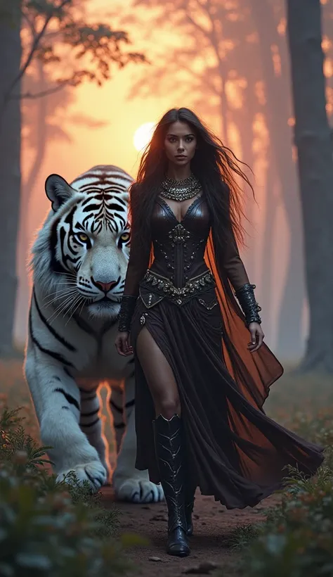 a beautiful woman with long hair,  wearing a dark brown futuristic ancient indian uniform with metal accents ,  walks in front of the camera full of confidence in a forest illuminated by dramatic daylight. On her side ,  an enormous tiger with thick white ...