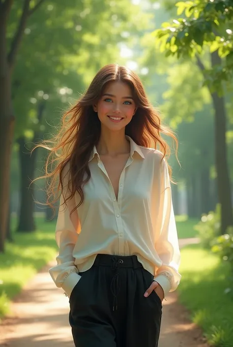 1 girl with brown long wavy hair, light skin, blue heart pupil eyes, walking in a park with a white large shirt and black baggy pants, smiling ultra realistic super realistic 19 years old