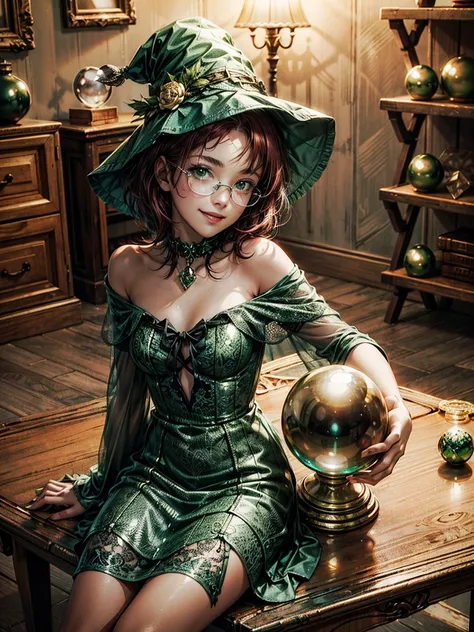 Short,  red hair ,  green eyes ,  metal-framed glasses,  green witch hat , green dress with gold pattern ,  smiling girl sitting in a room at a table with (crystal ball :1.2).