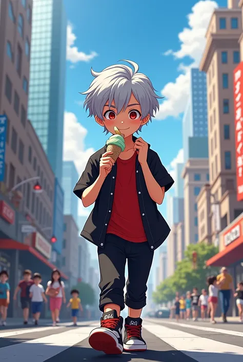 A boy with gray hair and red eyes wearing a black and red shirt with black pants and Jordan shoes walking around the city licking ice cream 