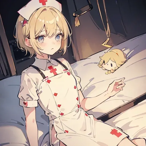 Femboy, nurse, short nurse dress, short sleeves, short light blonde hair, gold eyes, bangs swept to the side, fair skin, short, flat chest, cute, dark room, slightly eerie