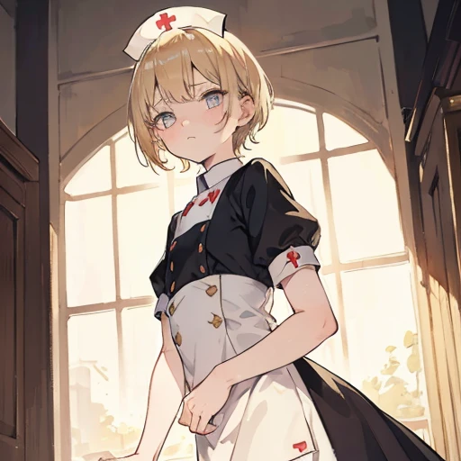 Femboy, nurse, short nurse dress, short sleeves, short light blonde hair, gold eyes, bangs swept to the side, fair skin, short, flat chest, cute, dark room, slightly eerie