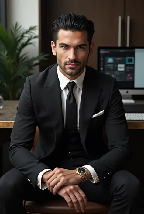  A highly detailed image of a man with white and gray eyes , a physicist toned by the gym  ( Ratio 1 :90),  wearing a bespoke black suit with gold cufflinks ,  a Rolex watch and smooth black hair .  The man is seated in a modern office with a high-tech com...