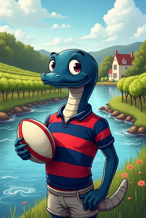 Logo avec une lamproi rigolote, habillée avec un maillot Noir, bleu, rouge et blanc ,tenant un ballon de rugby  , au bord dune rivière avec de la vigne et une bastide 