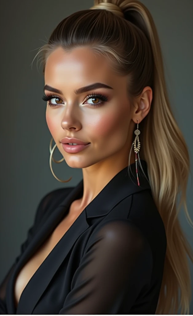 a extremely realistic and detailed photo of pretty swiss girl, tight black skirt, tight blouse with cleavage , perfect makeup, long slicked straight blonde hair with brown roots hair, high quality, photorealistic, elegant, confident, piercing brown eyes, f...