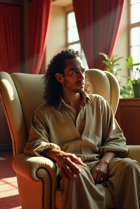 Harry Lennix has long, curly shoulder-length hair tied up, wearing a Javanese blangkon, sitting in a luxurious cream-colored wing chair, in a red hotel lobby in the afternoon, sunlight shining through the large windows.