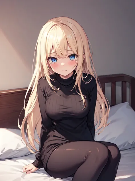  1 girl , solo, Blonde,  long hair, Straight Hair, Beautiful breasts, medium chest ,Black sweater, sweater dress,leggings, blue eyes, Droopy eyes, closes her mouth, sheds tears, sitting on bed , high definition ,  simple background , bedroom, top quality, ...