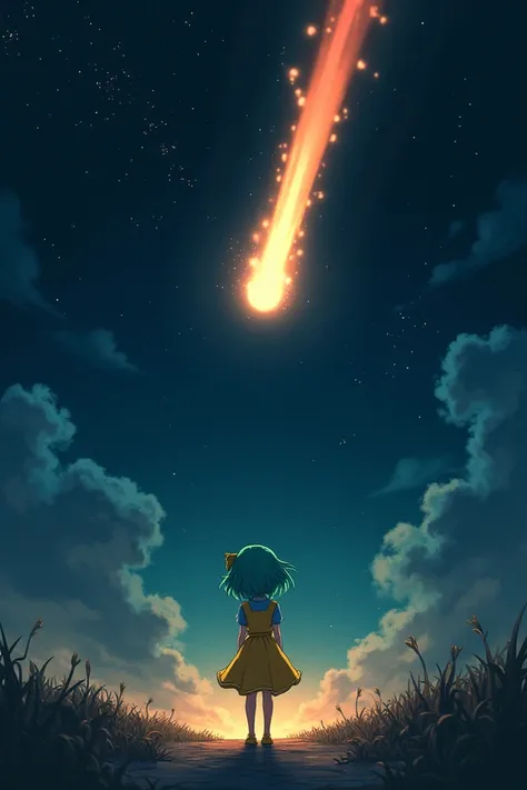 A meteorite falls on a dark night sky with lots of stars .  A girl with turquoise hair looks at the meteorite wearing a yellow vest and yellow skirt. 