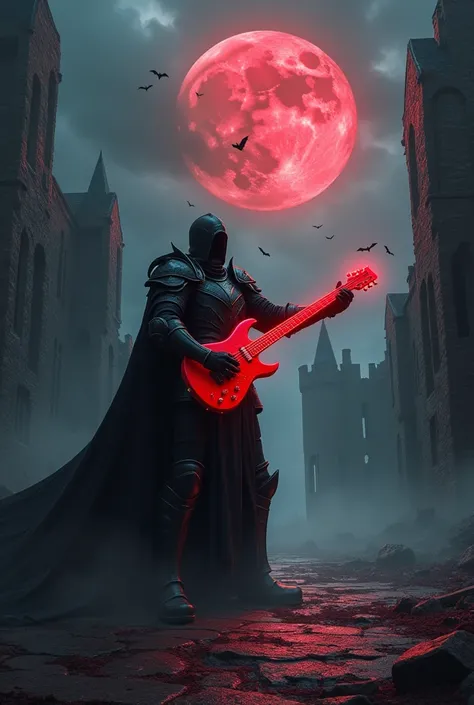 abandoned castle ruins, crumbling walls, glowing full red moon in the background, dark gothic,man in black armor, throwing  his a glowing crimson guitar, ominous atmosphere, dark cloudy sky, faintly glowing red runes on the ground, bats flying in the dista...