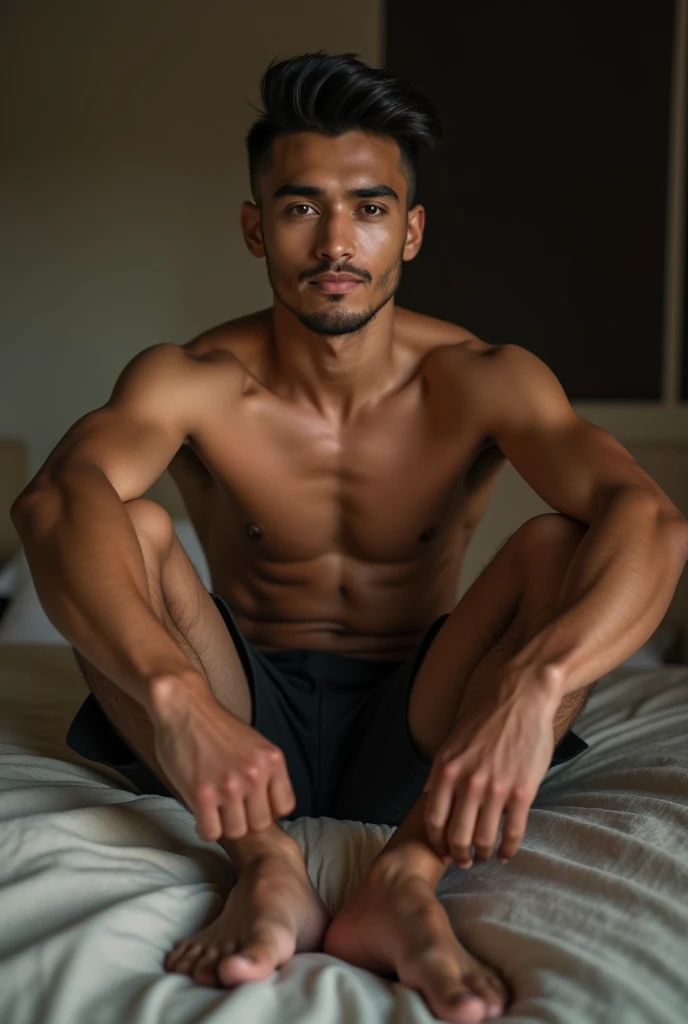 ( high quality , 4k, hdr) A handsome young Indonesian man , 30 years old, short haired, mustachioed and thinly bearded ,  wearing a formal suit , lying on the bed,  opens his thighs wide with confidence. (realistic,  very detailed)