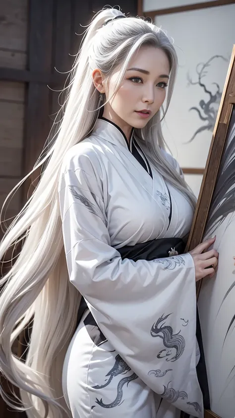 Woman with long flowing hair,Flowing hair、Gives the impression of a dragon painting,The entire work is painted in white.,Gray Hair,White Dragon