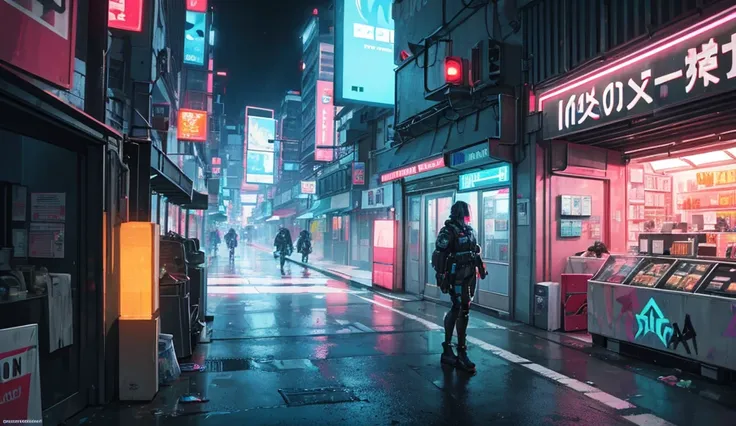 A street at night, neon lights, 2 police cars,  garbage on the floor ,  futuristic style , cyberpunk, dirt on the streets ,  graffiti on the walls , and people walking , buying, traveling,  a garbage container