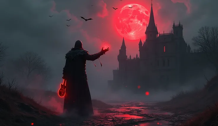 abandoned castle ruins, crumbling walls, glowing full red moon in the background, dark gothic,man in black armor, throwing his glowing crimson guitar to the sky, ominous atmosphere, dark cloudy sky, faintly glowing red runes on the ground, bats flying in t...