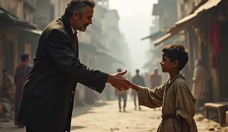 a person reaching out to a poor beggar boy