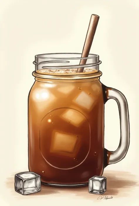 Make a a dalgona iced coffee drawing with a jar like mug with handles, make the ice cubes visible 