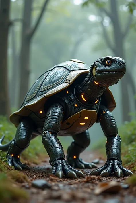 Imagine a futuristic hybrid creature: a turtle combined with a dinosaur, all designed with a robotic interface. The creature’s shell is sleek and metallic, featuring glowing lines and high-tech sensors embedded on its surface. Its body exhibits the strengt...