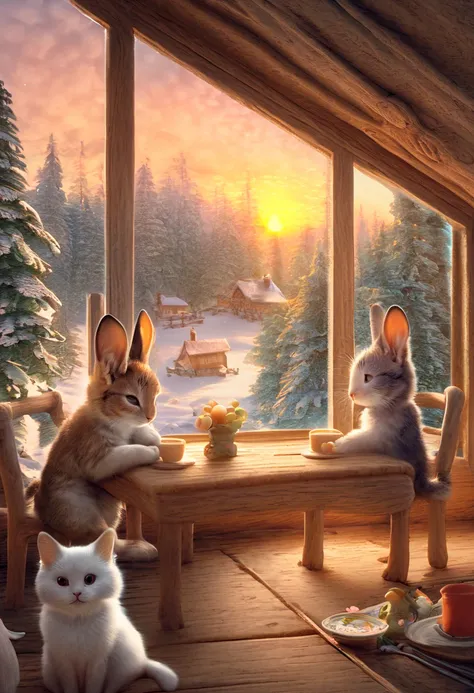 A cute rabbit furry and a cute cat furry having breakfast, sitting at the table and looking like theyre having fun, log cabin, sunrise, This is cute fantasy art that looks like a fairy tale picture book, ultra detailed, absolutely resolution, masterpiece