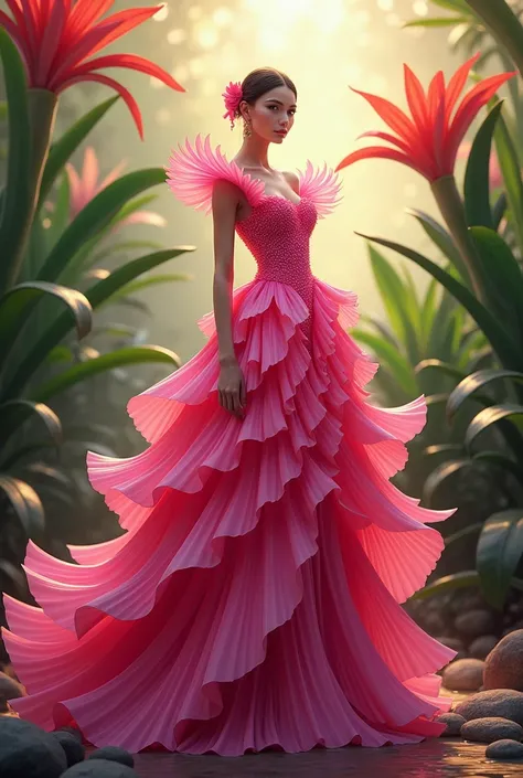 Create an image of a ready to wear dress inspired by the flower  pink bromeliad 