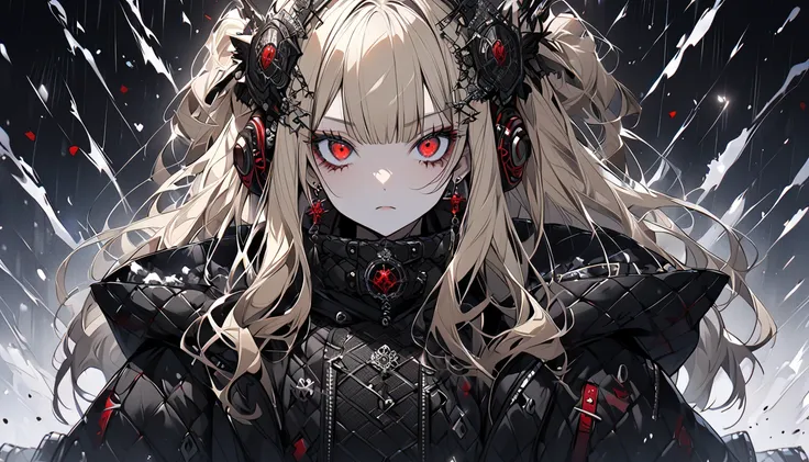  hair ornament、Earrings、 Headphones 、half angel half devil 、 black and blonde mesh color hair、Snow、Hanging eyes、Cross-eyed、 ahe face、Gothic punk, Sad face、Teary-eyed、Red eyes、two-tone black and blonde hair、Cross-eyed、 ahe face、blunt bangs、Cross-eyed、 adult...