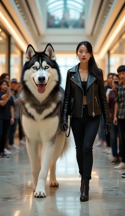 A hyper-photorealistic indoor portrait of a confident East Asian woman in her early 30s, with silky black hair styled in a neat ponytail, dressed in a sleek black leather jacket, tailored pants, and chic ankle boots, walking side by side with a single, abs...