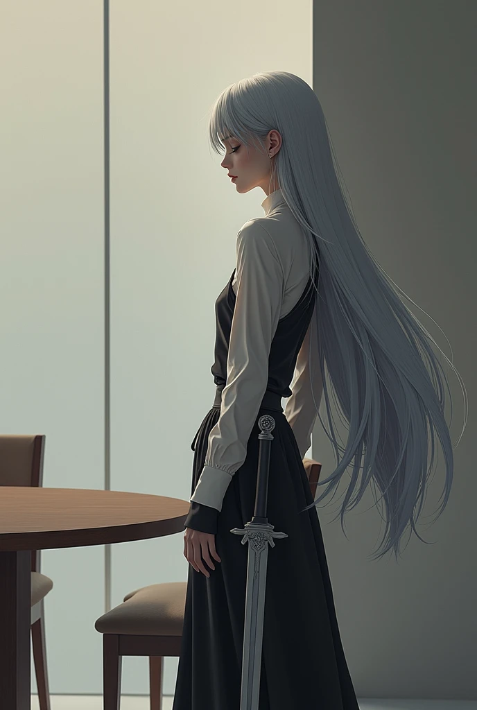 The girl with silver gray hair stands by the round table conference room wall with her eyes closed and a long sword