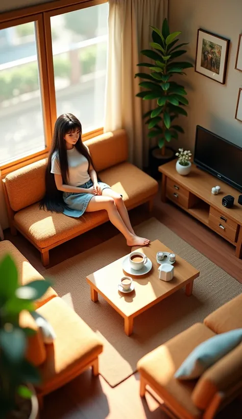 Masterpiece, 8K, Professional photography, Top view, a 3D diorama with a 3D diorama of a long-haired Japanese woman, wearing casual clothes lying on a long bench in the living room, a very detailed diorama room with various elements and furniture such as a...