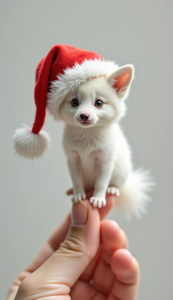 Little white wolf in Santa Claus hat sitting on one finger