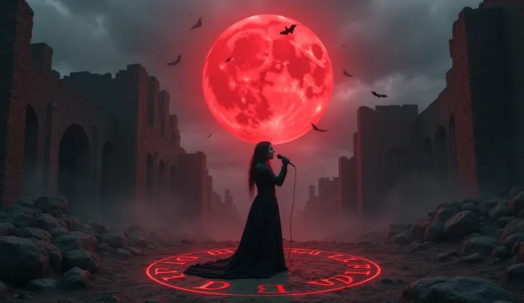 abandoned castle ruins, crumbling walls, glowing full red moon in the background, dark gothic,man in black armor, holding a microphone And sing emotionally, ominous atmosphere, dark cloudy sky, faintly glowing red runes on the ground, bats flying in the di...