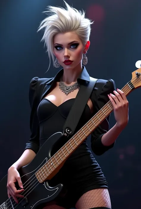 Glam rock girl with blue eyes, platinum blonde upset hair, dark red fine lips, black dress, playing the bass 