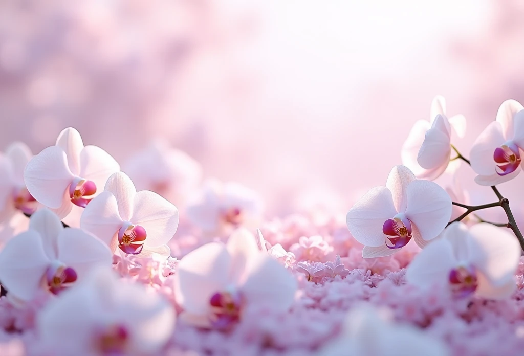 The environment is calm and serene, With pastel shades lilac baby from a garden covered with white orchids without any character and no color of green