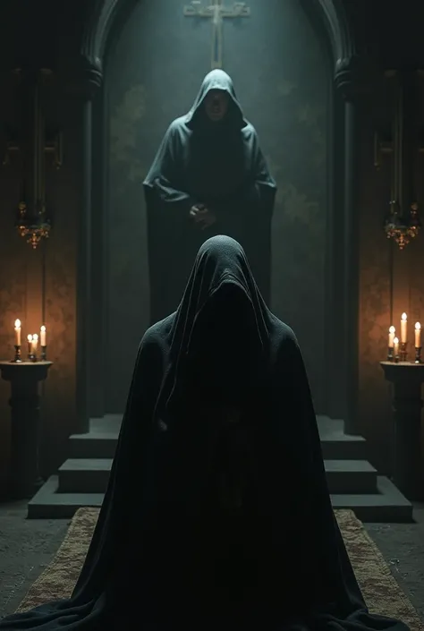 A dark confession room with flickering candlelight; a shadowy figure sits in front of a priest, face hidden under a hood, exuding an ominous presence.

