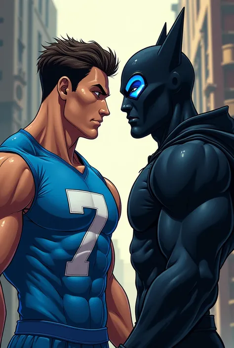 free fire bodybuilder boy character with blue jersey 7 and ace is black mask and mask middle blue line